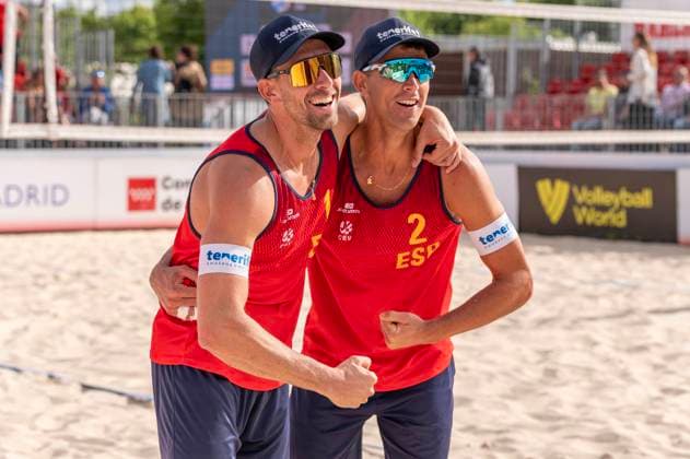 May 15, 2024, Madrid, Madrid, Spain: Spain champions of the CEV BeachVolley NATIONS CUP 2024 (Men).JAVIER HUERTA PASTOR (ESP).ALEJANDRO HUERTA PASTOR (ESP) Madrid Spain - ZUMAc312 20240515_zsp_c312_013 Copyright: xOscarxManuelxSanchezx