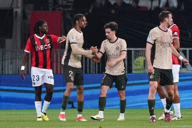 Joie - Bradley Barcola (Paris SG) - Vitinha (Paris SG) FOOTBALL : OGC Nice vs Paris SG - Ligue 1 Uber Eats - Nice - 15 05 2024 NorbertScanella Panoramic 