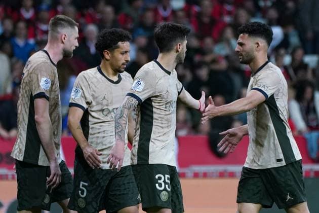 Lucas Beraldo (Paris SG) - Marquinhos (Paris SG) - Goncalo Ramos (Paris SG) - Milan Skriniar (Paris SG) FOOTBALL : OGC Nice vs Paris SG - Ligue 1 Uber Eats - Nice - 15 05 2024 NorbertScanella Panoramic 