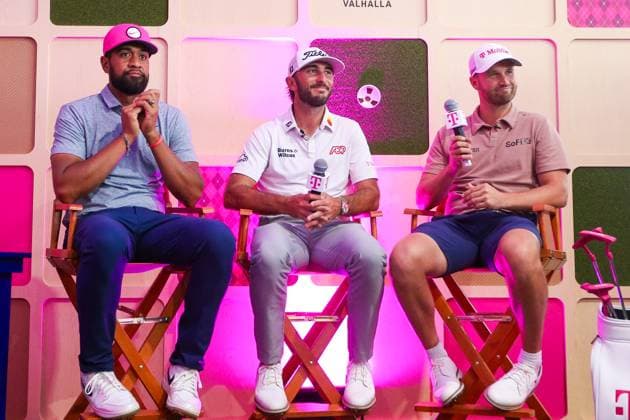 May 15, 2024, Louisville, Kentucky, USA: (L-R) Tony Finau, Max Homa and Wyndham Clark attend a special T-Mobile event before the 2024 PGA, Golf Herren Championship at Valhalla Golf Club in Louisville, Kentucky. Louisville USA - ZUMAw109 20240515_fap_w109_004 Copyright: xDebbyxWongx