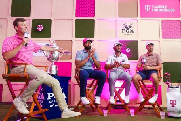 May 15, 2024, Louisville, Kentucky, USA: (L-R) Smylie Kaufman, Tony Finau, Max Homa and Wyndham Clark attend a special T-Mobile event before the 2024 PGA, Golf Herren Championship at Valhalla Golf Club in Louisville, Kentucky. Louisville USA - ZUMAw109 20240515_fap_w109_007 Copyright: xDebbyxWongx
