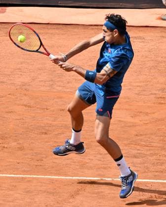 (240516) -- ROME, May 16, 2024 -- Alejandro Tabilo returns a shot during the men s singles quarterfinal match between Zhang Zhizhen of China and Alejandro Tabilo of Chile at the Italian Open in Rome, Italy, May 15, 2024. (Photo by Xinhua) (SP)ITALY-ROME-TENNIS ATP, Tennis Herren ITALIAN OPEN-QUARTERFINAL AlbertoxLingria 