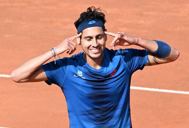 (240516) -- ROME, May 16, 2024 -- Alejandro Tabilo celebrates after winning the men s singles quarterfinal match between Zhang Zhizhen of China and Alejandro Tabilo of Chile at the Italian Open in Rome, Italy, May 15, 2024. (Photo by Xinhua) (SP)ITALY-ROME-TENNIS ATP, Tennis Herren ITALIAN OPEN-QUARTERFINAL AlbertoxLingria 