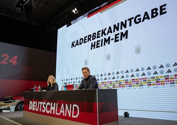 16.05.2024, xlakx, Fussball DFB Medientermine, DFB Pressekonferenz - Kaderbekanntgabe EM 2024 emspor, v.l. PK Bundestrainer Julian Nagelsmann (DFL DFB REGULATIONS PROHIBIT ANY USE OF PHOTOGRAPHS as IMAGE SEQUENCES and or QUASI-VIDEO) Daniel Lakomski Jan Huebner Berlin