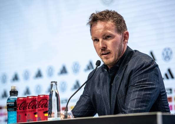 16.05.2024, xlakx, Fussball DFB Medientermine, DFB Pressekonferenz - Kaderbekanntgabe EM 2024 emspor, v.l. PK Bundestrainer Julian Nagelsmann (DFL DFB REGULATIONS PROHIBIT ANY USE OF PHOTOGRAPHS as IMAGE SEQUENCES and or QUASI-VIDEO) Daniel Lakomski Jan Huebner Berlin