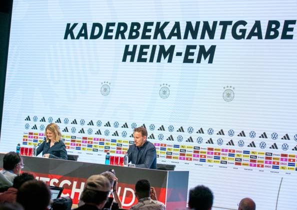 16.05.2024, xlakx, Fussball DFB Medientermine, DFB Pressekonferenz - Kaderbekanntgabe EM 2024 emspor, v.l. PK Bundestrainer Julian Nagelsmann (DFL DFB REGULATIONS PROHIBIT ANY USE OF PHOTOGRAPHS as IMAGE SEQUENCES and or QUASI-VIDEO) Daniel Lakomski Jan Huebner Berlin
