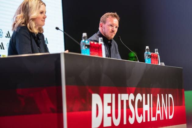 16.05.2024, xlakx, Fussball DFB Medientermine, DFB Pressekonferenz - Kaderbekanntgabe EM 2024 emspor, v.l. PK Bundestrainer Julian Nagelsmann (DFL DFB REGULATIONS PROHIBIT ANY USE OF PHOTOGRAPHS as IMAGE SEQUENCES and or QUASI-VIDEO) Daniel Lakomski Jan Huebner Berlin