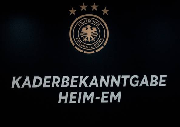 16.05.2024, xlakx, Fussball DFB Medientermine, DFB Pressekonferenz - Kaderbekanntgabe EM 2024 emspor, v.l. Logo - KADERBEKANNTGABE HEIM - EM (DFL DFB REGULATIONS PROHIBIT ANY USE OF PHOTOGRAPHS as IMAGE SEQUENCES and or QUASI-VIDEO) Daniel Lakomski Jan Huebner Berlin