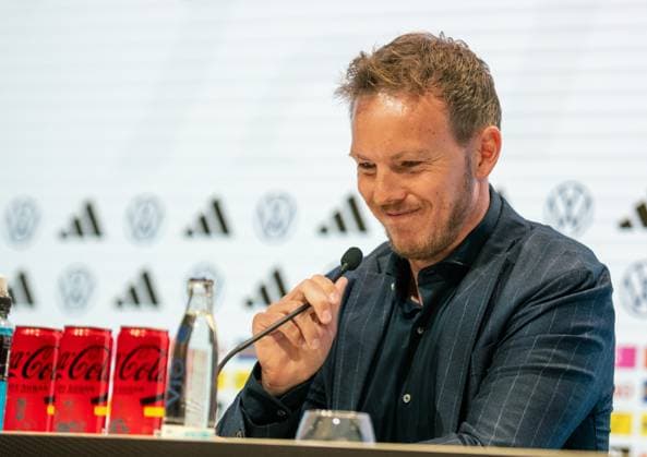 16.05.2024, xlakx, Fussball DFB Medientermine, DFB Pressekonferenz - Kaderbekanntgabe EM 2024 emspor, v.l. PK Bundestrainer Julian Nagelsmann (DFL DFB REGULATIONS PROHIBIT ANY USE OF PHOTOGRAPHS as IMAGE SEQUENCES and or QUASI-VIDEO) Daniel Lakomski Jan Huebner Berlin