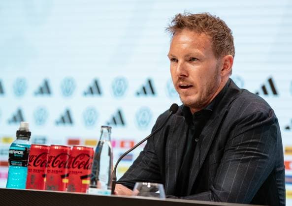 16.05.2024, xlakx, Fussball DFB Medientermine, DFB Pressekonferenz - Kaderbekanntgabe EM 2024 emspor, v.l. PK Bundestrainer Julian Nagelsmann (DFL DFB REGULATIONS PROHIBIT ANY USE OF PHOTOGRAPHS as IMAGE SEQUENCES and or QUASI-VIDEO) Daniel Lakomski Jan Huebner Berlin
