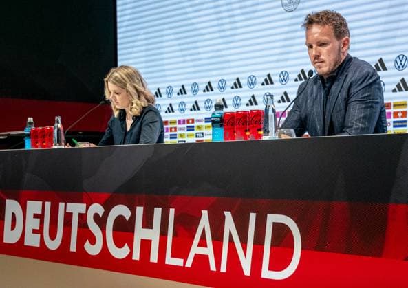 16.05.2024, xlakx, Fussball DFB Medientermine, DFB Pressekonferenz - Kaderbekanntgabe EM 2024 emspor, v.l. PK Bundestrainer Julian Nagelsmann (DFL DFB REGULATIONS PROHIBIT ANY USE OF PHOTOGRAPHS as IMAGE SEQUENCES and or QUASI-VIDEO) Daniel Lakomski Jan Huebner Berlin