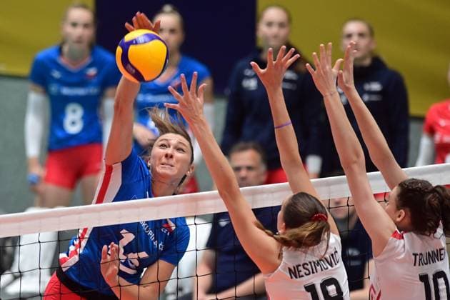 CEV Volleyball European Golden League 2024, match Czech Republic vs Austria in Teplice, Czech Republic, May 16, 2024. From left Czech Michaela Mlejnkova, Nina Nesimovic, Julia Trunner, both of Austria. (CTKxPhoto SlavomirxKubes) CTKPhotoP2024051608498  CTKPhotoP2024051608498