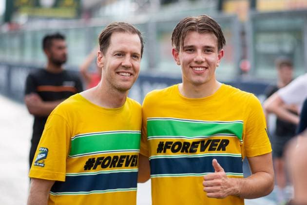 Sebastian Vettel (Deutschland, Rennfahrer), Tim Tramnitz (Deutschland, MP Racing Formel 3) beim Forever Senna Gedenklauf fuer den 1994 toedlich verunglueckten Ayrton Senna (Brasilien), ITA, Formel 1 Weltmeisterschaft, Grand Prix Emilia-Romagna Imola, Autodromo Enzo e Dino Ferrari, Media Day, 16.05.2024 ITA, Formel 1 Weltmeisterschaft, Grand Prix Emilia-Romagna Imola, Autodromo Enzo e Dino Ferrari, Media Day, 16.05.2024 Imola Copyright: xEibner-Pressefoto Memmlerx EP_MMR