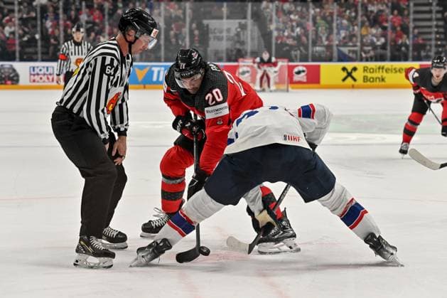 PRAGUE, CZECH REPUBLIC - MAY 16: Nick Paul of Canada fights for the puck on a faceoff during the preliminary round match between Canada and Norway at Prague Arena on May 16, 2024 in Prague, Czech Republic. Prague Prague Arena Czech Republic Copyright: xJustPictures.ch AndreaxBrancax jp-en-EuSpIm-AB_16052024_AAB_7154