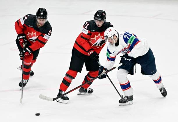 Canada vs. Norway group A match of the 2024 IIHF World Championship, WM, Weltmeisterschaft in Prague, Czech Republic, on May 16, 2024. From left Jamie Oleksiak, Ridly Greig, both of Canada and Eskild Bakke Olsen of Norway. (CTKxPhoto KaterinaxSulova) CTKPhotoP2024051609861  CTKPhotoP2024051609861