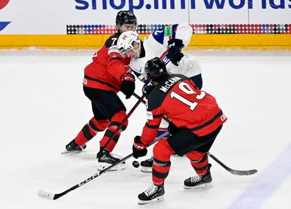 Canada vs. Norway group A match of the 2024 IIHF World Championship, WM, Weltmeisterschaft in Prague, Czech Republic, on May 16, 2024. From left Ridly Greig of Canada, Eskild Bakke Olsen of Norway, Jared McCann of Canada. (CTKxPhoto KaterinaxSulova) CTKPhotoP2024051609869  CTKPhotoP2024051609869