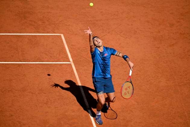 Alejandro Tabilo of Chile serves during the semifinal match against Alexander Zverev of Germany at the Internazionali BNL d Italia 2024 tennis tournament at Foro Italico in Rome, Italy on May 17, 2024. antoniettaxbaldassarre
