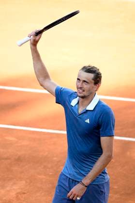 Alexander Zverev of Germany celebrates at the end of the semifinal match against Alejandro Tabilo of Chile at the Internazionali BNL d Italia 2024 tennis tournament at Foro Italico in Rome, Italy on May 17, 2024. Alexander Zverev defeated Alejandro Tabilo 1-6, 7-6, 6-2. antoniettaxbaldassarre