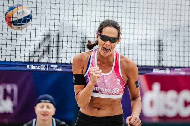 Beachvolleyball Frauen German Beach Tour 2024 Tourstop Düsseldorf 17.05.2024 Kira Walkenhorst jubelt Stadt Sportstätte Bundesland Deutschland