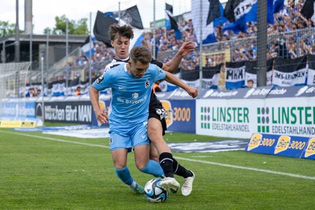 Julian Guttau 7 (TSV 1860 Muenchen), Max Lippert 33 (Arminia Bielefeld), TSV 1860 Muenchen vs. Arminia Bielefeld. Liga, 38. Spieltag, 18.05.2024 DFB regulations prohibit any use of photographs as image sequences and or quasi-video Muenchen Bayern Deutschland