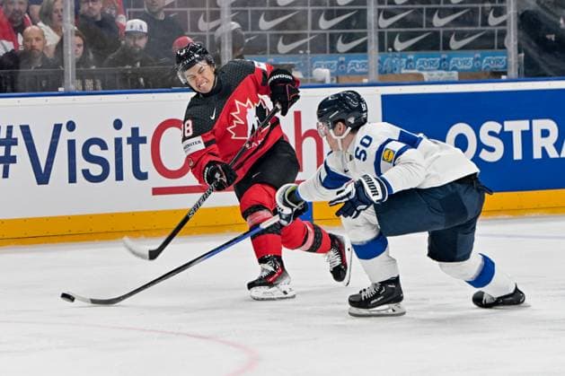 PRAGUE, CZECH REPUBLIC - MAY 18: Connor Bedard of Canada shoots the puck during the preliminary round match between Canada and Finland at Prague Arena on May 18, 2024 in Prague, Czech Republic. Prague Prague Arena Czech Republic Copyright: xJustPictures.ch AndreaxBrancax jp-en-EuSpIm-AB_18052024_AAB_3531