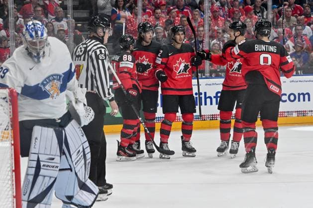 PRAGUE, CZECH REPUBLIC - MAY 18: Canada celebrate after a goal scored by Dylan Cozens of Canada during the preliminary round match between Canada and Finland at Prague Arena on May 18, 2024 in Prague, Czech Republic. Prague Prague Arena Czech Republic Copyright: xJustPictures.ch AndreaxBrancax jp-en-EuSpIm-AB_18052024_AAB_3765