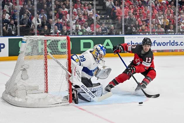 PRAGUE, CZECH REPUBLIC - MAY 18: Brandon Tanev of Canada in action against goalkeeper Harri Sateri of Finland during the preliminary round match between Canada and Finland at Prague Arena on May 18, 2024 in Prague, Czech Republic. Prague Prague Arena Czech Republic Copyright: xJustPictures.ch AndreaxBrancax jp-en-EuSpIm-AB_18052024_AAB_3836