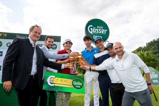GOLF - Goesser Open 2024 MARIA LANKOWITZ,AUSTRIA,18.MAY.24 - GOLF - Alps Tour, Goesser Open, GC Erzherzog Johann. Image shows Klaus Geyrhofer (Murhof), Jakob Kalcher (Goesser), Maximilian Steinlechner (AUT), Marco Florioli (ITA), Enrico Di Nitto (ITA), Asier Aguirre Izcue (ESP) and tournament director Alessandro Pia (Alps Tour Golf).  GEPAxpictures xMaticxKlansek