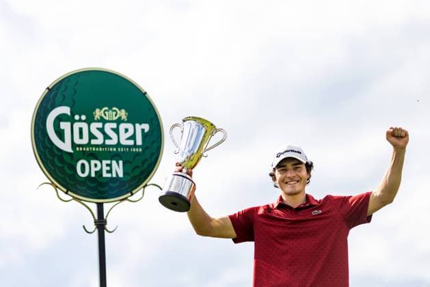 GOLF - Goesser Open 2024 MARIA LANKOWITZ,AUSTRIA,18.MAY.24 - GOLF - Alps Tour, Goesser Open, GC Erzherzog Johann. Image shows the rejoicing of Maximilian Steinlechner (AUT). Keywords: trophy.  GEPAxpictures xMaticxKlansek