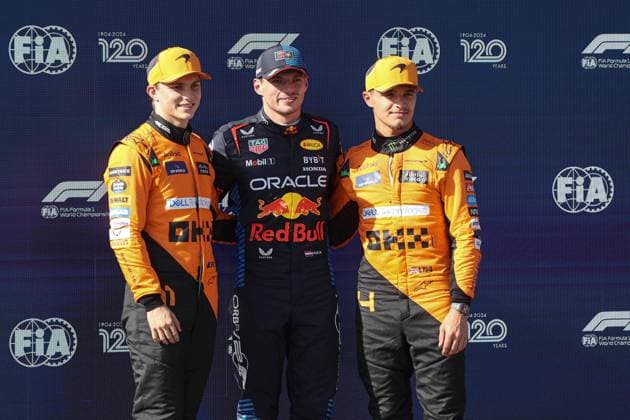 Sport Bilder des Tages PIASTRI Oscar (aus), McLaren F1 Team MCL38, portrait VERSTAPPEN Max (ned), Red Bull Racing RB20, portrait NORRIS Lando (gbr), McLaren F1 Team MCL38, portrait pole position during the Formula 1 MSC Cruises Gran Premio del Made in Italy e Dell™Emilia-Romagne 2024, 7th round of the 2024 Formula One World Championship, WM, Weltmeisterschaft from May 17 to 19, 2024 on the Autodromo Enzo e Dino Ferrari, in Imola, Italy - F1 - EMILIA-ROMAGNA GRAND PRIX 2024 DPPI Panoramic 240518_R07_EMR_DP_JFR68913