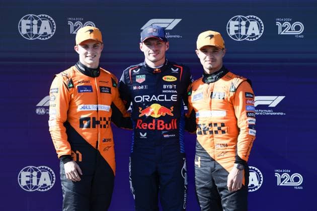 F1 Emilia-Romagna Grand Prix 2024 Qualifying Oscar Piastri of McLaren, Max Verstappen of Red Bull Racing and Lando Norris of McLaren after qualifying ahead of the Formula 1 Emilia-Romagna Grand Prix at Autodromo Enzo e Dino Ferrari in Imola, Italy on May 18, 2024. Imola Italy  Copyright: xJakubxPorzyckix originalFilename:porzycki-f1emilia240518_npHFN.jpg