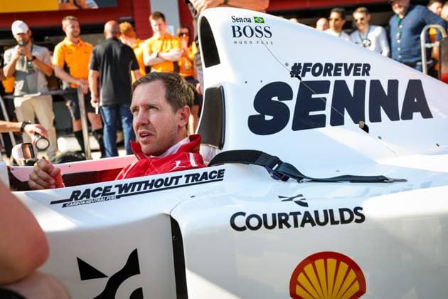 VETTEL Sebastian, driving the Mclaren MP4 8 in tribute to Ayrton Senna, during the Formula 1 MSC Cruises Gran Premio del Made in Italy e Dell™Emilia-Romagne 2024, 7th round of the 2024 Formula One World Championship, WM, Weltmeisterschaft from May 17 to 19, 2024 on the Autodromo Enzo e Dino Ferrari, in Imola, Italy - F1 - EMILIA-ROMAGNA GRAND PRIX 2024 DPPI Panoramic  240518_R07_EMR_DP_FGOO5311