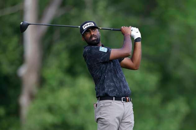 LOUISVILLE, KY - MAY 18: Sahith Theegala (USA) hits a drive at the fifth hole during the third round of the 2024 PGA, Golf Herren Championship at Valhalla Golf Club on May 18, 2024 in Louisville, Kentucky. (Photo by Joe Robbins Icon Sportswire) GOLF: MAY 18 PGA Championship EDITORIAL USE ONLY Icon573240518022