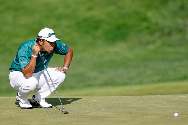 LOUISVILLE, KY - MAY 18: Hideki Matsuyama (JPN) lines up a putt at the 17th hole during the third round of the 2024 PGA, Golf Herren Championship at Valhalla Golf Club on May 18, 2024 in Louisville, Kentucky. (Photo by Joe Robbins Icon Sportswire) GOLF: MAY 18 PGA Championship EDITORIAL USE ONLY Icon573240518045