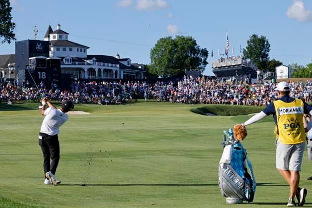 LOUISVILLE, KY - MAY 18: Collin Morikawa (USA) plays a shot at the 18th hole during the third round of the 2024 PGA, Golf Herren Championship at Valhalla Golf Club on May 18, 2024 in Louisville, Kentucky. (Photo by Joe Robbins Icon Sportswire) GOLF: MAY 18 PGA Championship EDITORIAL USE ONLY Icon573240518064