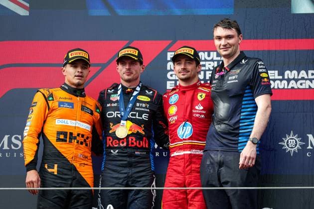 Podium: VERSTAPPEN Max (ned), Red Bull Racing RB20, NORRIS Lando (gbr), McLaren F1 Team MCL38, LECLERC Charles (mco), Scuderia Ferrari SF-24, portrait, during the Formula 1 MSC Cruises Gran Premio del Made in Italy e Dell™Emilia-Romagne 2024, 7th round of the 2024 Formula One World Championship, WM, Weltmeisterschaft from May 17 to 19, 2024 on the Autodromo Enzo e Dino Ferrari, in Imola, Italy - F1 - EMILIA-ROMAGNA GRAND PRIX 2024 DPPI Panoramic 240519_R07_EMR_DP_FGOO8013