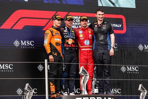 NORRIS Lando (gbr), McLaren F1 Team MCL38, portrait LECLERC Charles (mco), Scuderia Ferrari SF-24, portrait VERSTAPPEN Max (ned), Red Bull Racing RB20, portrait podium during the Formula 1 MSC Cruises Gran Premio del Made in Italy e Dell™Emilia-Romagne 2024, 7th round of the 2024 Formula One World Championship, WM, Weltmeisterschaft from May 17 to 19, 2024 on the Autodromo Enzo e Dino Ferrari, in Imola, Italy - F1 - EMILIA-ROMAGNA GRAND PRIX 2024 DPPI Panoramic 240519_R07_EMR_DP_XB3_2895