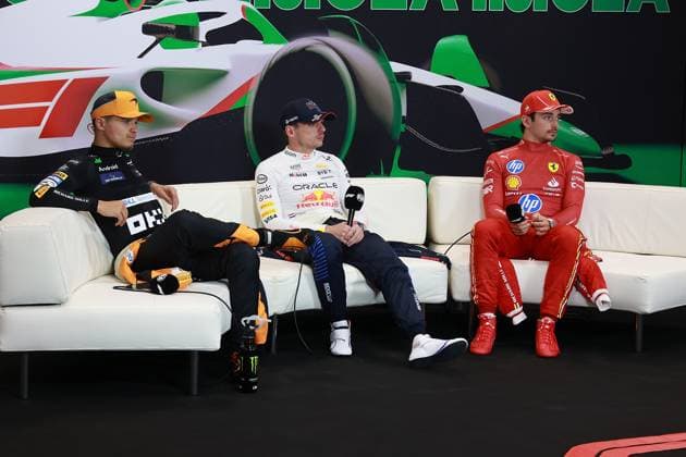 Formel 1 Grand Prix Emilia Romagna 2024 19.05.2024, Autodromo Enzo e Dino Ferrari, Imola, Formel 1 Grand Prix Emilia Romagna 2024 ,im Bild Pressekonferenz: Sieger Max Verstappen (NLD), Oracle Red Bull Racing, 2.Platz Lando Norris (GBR), McLaren F1 Team, 3.Platz Charles Leclerc (MCO), Scuderia Ferrari HP