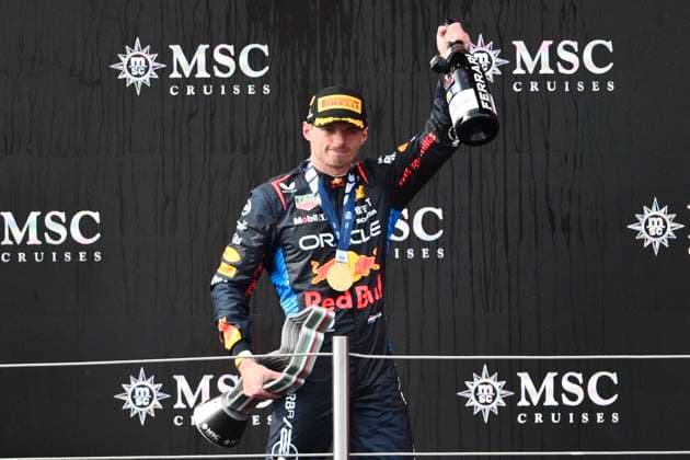 19th May 2024; Autodromo Enzo e Dino Ferrari, Imola, Italy; FIA Formula 1 Emilia Romagna Grand Prix 2024; Race Day; Max Verstappen of Netherlands driving for Red Bull Racing F1 Team celebrates on the podium  ActionPlus12645113 BestxImages