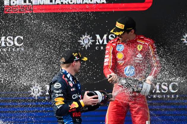 19th May 2024; Autodromo Enzo e Dino Ferrari, Imola, Italy; FIA Formula 1 Emilia Romagna Grand Prix 2024; Race Day; (L-R) Max Verstappen of Netherlands driving for Red Bull Racing F1 Team, Charles Leclerc of Monaco driving for Scuderia Ferrari HP F1 Team celebrate on the podium  ActionPlus12645108 BestxImages