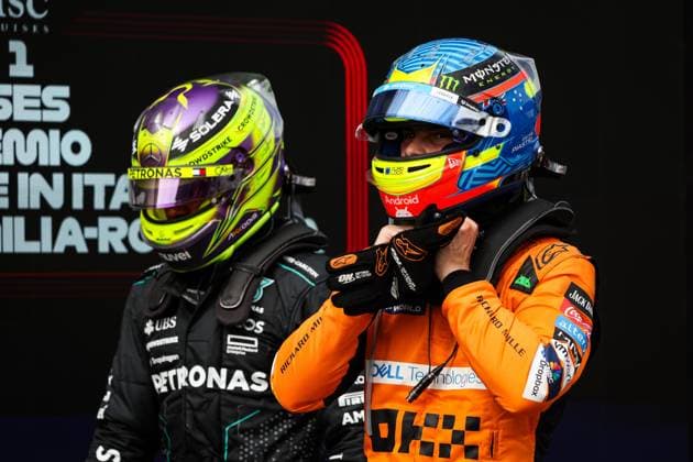 HAMILTON Lewis (gbr), Mercedes AMG F1 Team W15, PIASTRI Oscar (aus), McLaren F1 Team MCL38, portrait during the Formula 1 MSC Cruises Gran Premio del Made in Italy e Dell™Emilia-Romagne 2024, 7th round of the 2024 Formula One World Championship, WM, Weltmeisterschaft from May 17 to 19, 2024 on the Autodromo Enzo e Dino Ferrari, in Imola, Italy - F1 - EMILIA-ROMAGNA GRAND PRIX 2024 DPPI Panoramic  240519_R07_EMR_DP_FGOO7217