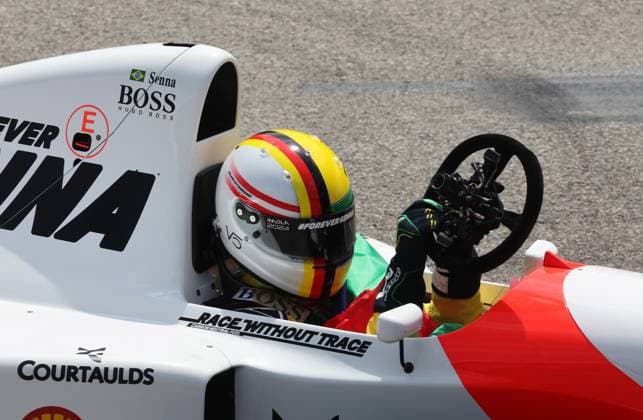 19.05.2024, xrarjax, Motorsport FIA Formel 1, Großer Preis von Italien 2024 emspor, v.l. Sebastian Vettel fährt im Auto von Ayrton Senna auf der Rennstrecke in Imola Imola