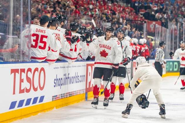 PRAGUE, CZECH REPUBLIC - MAY 19:Dylan Cozens of Canada celebrates his goal during the preliminary round match between Switzerland and Canada at Prague Arena on May 19, 2024 in Prague, Czech Republic. Prague Prague Arena Czech Republic Copyright: xJustPictures.ch JarixPestelaccix jp-en-EuSpIm-JP4_JAR_Switzerland_Canada_19May2024_005