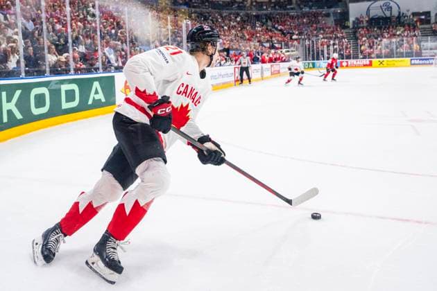 PRAGUE, CZECH REPUBLIC - MAY 19: Kaiden Guhle of Canada in action during the preliminary round match between Switzerland and Canada at Prague Arena on May 19, 2024 in Prague, Czech Republic. Prague Prague Arena Czech Republic Copyright: xJustPictures.ch JarixPestelaccix jp-en-EuSpIm-JP4_JAR_Switzerland_Canada_19May2024_062