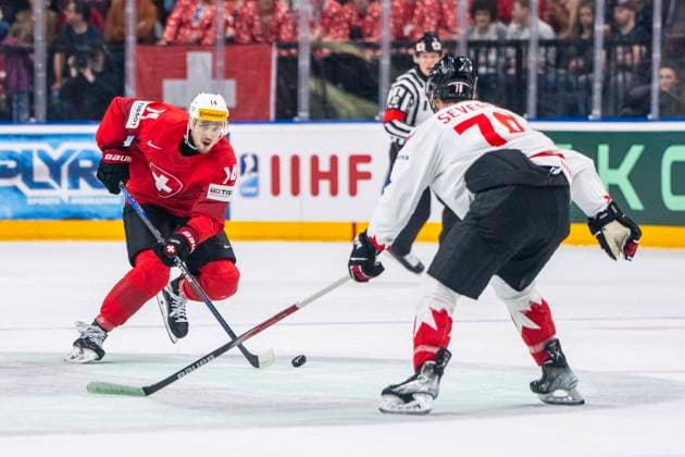 PRAGUE, CZECH REPUBLIC - MAY 19: Dean Kukan of Switzerland in action during the preliminary round match between Switzerland and Canada at Prague Arena on May 19, 2024 in Prague, Czech Republic. Prague Prague Arena Czech Republic Copyright: xJustPictures.ch JarixPestelaccix jp-en-EuSpIm-JP4_JAR_Switzerland_Canada_19May2024_065