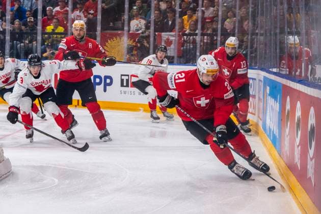 PRAGUE, CZECH REPUBLIC - MAY 19: Kevin Fiala of Switzerland in action during the preliminary round match between Switzerland and Canada at Prague Arena on May 19, 2024 in Prague, Czech Republic. Prague Prague Arena Czech Republic Copyright: xJustPictures.ch JarixPestelaccix jp-en-EuSpIm-JP4_JAR_Switzerland_Canada_19May2024_010