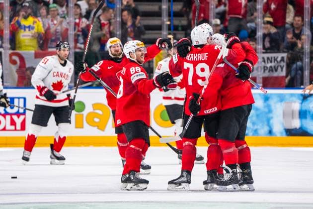 PRAGUE, CZECH REPUBLIC - MAY 19: Swiss squad celebrates their goal during the preliminary round match between Switzerland and Canada at Prague Arena on May 19, 2024 in Prague, Czech Republic. Prague Prague Arena Czech Republic Copyright: xJustPictures.ch JarixPestelaccix jp-en-EuSpIm-JP4_JAR_Switzerland_Canada_19May2024_106