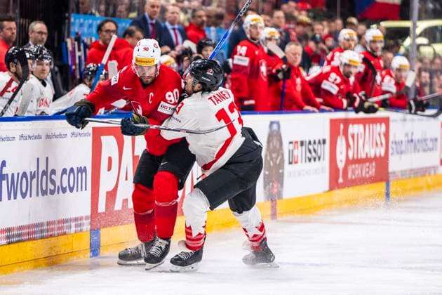 PRAGUE, CZECH REPUBLIC - MAY 19: Roman Josi of Switzerland (L) against Brandon Tanev of Canada (R) during the preliminary round match between Switzerland and Canada at Prague Arena on May 19, 2024 in Prague, Czech Republic. Prague Prague Arena Czech Republic Copyright: xJustPictures.ch JarixPestelaccix jp-en-EuSpIm-JP4_JAR_Switzerland_Canada_19May2024_086