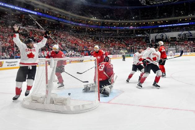 PRAGUE, CZECH REPUBLIC - MAY 19: Canada celebrate a goal during the preliminary round match between Switzerland and Canada at Prague Arena on May 19, 2024 in Prague, Czech Republic. Prague Prague Arena Czech Republic Copyright: xJustPictures.ch AndreaxBrancax jp-en-EuSpIm-AB_19052024_DSC_4470