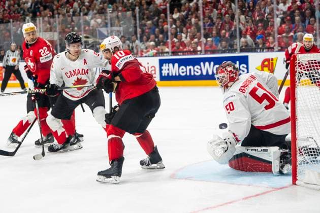 PRAGUE, CZECH REPUBLIC - MAY 19: Andres Ambuhl of Switzerland in action during the preliminary round match between Switzerland and Canada at Prague Arena on May 19, 2024 in Prague, Czech Republic. Prague Prague Arena Czech Republic Copyright: xJustPictures.ch JarixPestelaccix jp-en-EuSpIm-JP4_JAR_Switzerland_Canada_19May2024_220